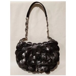 Brighton Black Floral Leather Applique Shoulder Bag Silver Chain Heart Charm